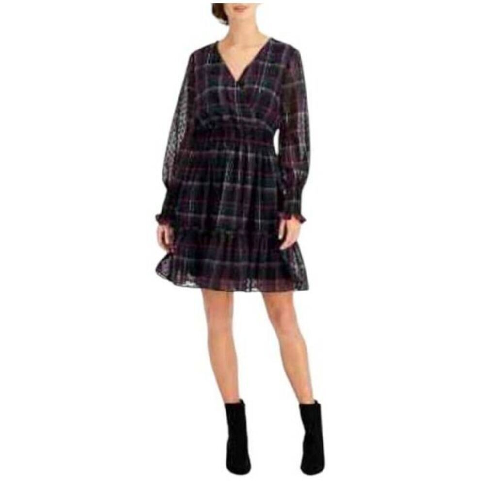 TAYLOR RUFFLE CUFF PLAID PURPLE & BLACK DRESS SZ.L EUC.